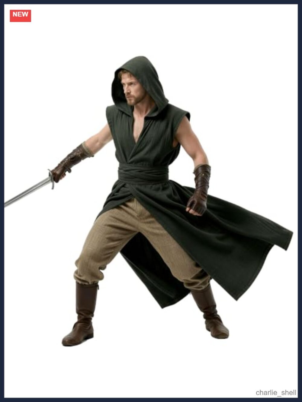 Unisex Hooded Sleeveless Cloak Medieval Viking Tunic Vest with Belt